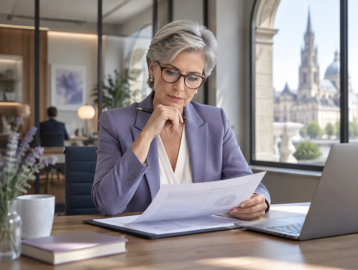 An underwriter reads a printed risk report at her desk.