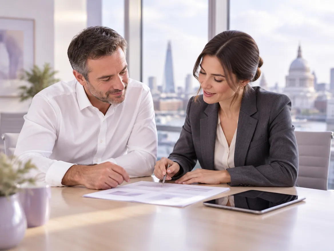 A business owner and his broker look at the same report across a meeting table.