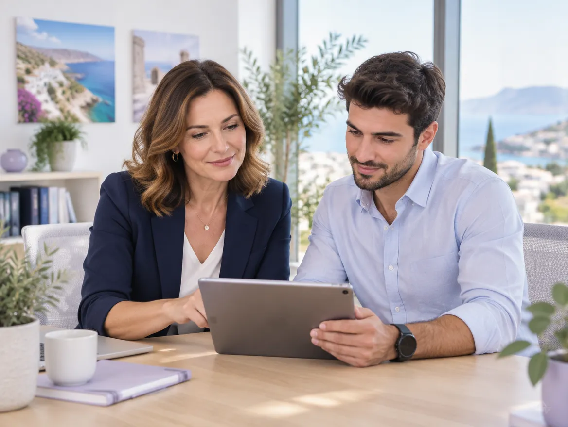 A managing director and her IT manager review their readiness on a tablet in a bright office.
